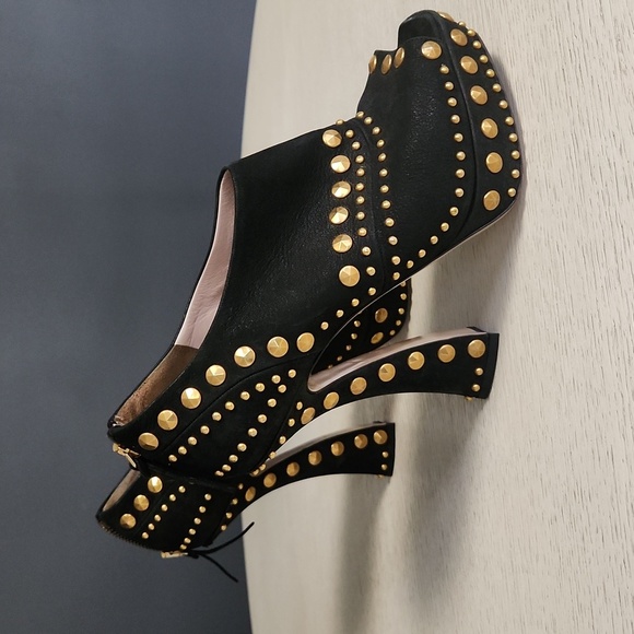 Miu Miu Shoes - Miu Miu peeptoe platform heels. Black leather with gold studs. Preloved.